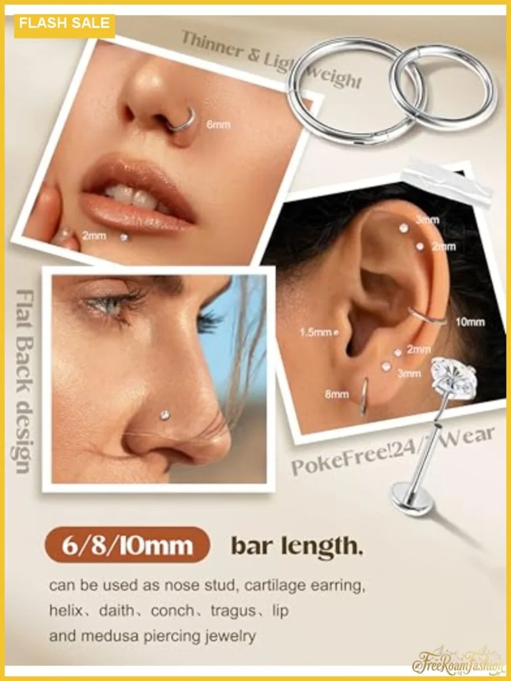14K Gold Plated Nose Rings Set 20G 18G Surgical Steel Hypoallergenic Studs